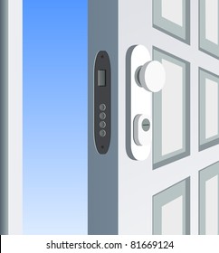 Single white door open, detail