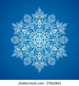 Single white large detailed snowflake on blue background