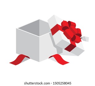 Single white open giftbox / square present with bright red ribbon bow flat design illustration. Isometric vector interface elements, app icon ui ux banner web invitation isolated on white background