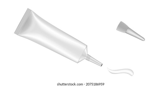 Single white plastic tube with long nozzle. Cream splash. Serum or ointment. Gel. Vector illustration isolated on a white background. 3d	