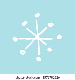 Single white snowflake in doodle style. Hand drawn vector illustration for greeting cards, posters, stickers and seasonal design.