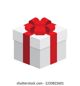 Single white square present / gift box with red ribbon bow flat design illustration. Simple isometric vector interface elements for app icon ui ux banner web invitation isolated on white background