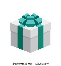 Single white square present / gift boxes with blue green ribbon bow flat design illustration. Isometric vectir interface element for app ui ux web banner icon isolated on white background