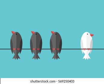 Single white unique bird perching on wire aside of many black ones on blue sky background. Courage, will power and individuality concept. Flat design. EPS 8 vector illustration, no transparency