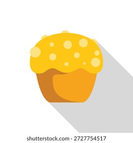 Single, whole cupcake with yellow icing and white sprinkles, viewed from slightly above in a flat, illustrative style 