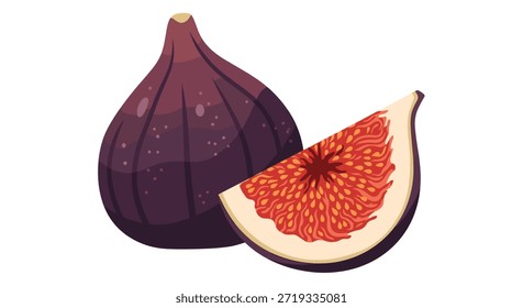 Einzige ganze violette Feigenfrucht und eine Scheibe, die die strukturierten roten Innensamen einzeln auf weißem Hintergrund zeigt.