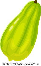 Single, whole, unripe papaya fruit with green peel and stem, isolated on a white background, showcasing its natural appearance and freshness