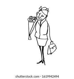 A single woman with a bouquet of flowers. Late love. Cartoon character, Stick figure, Doodle illustration. vector