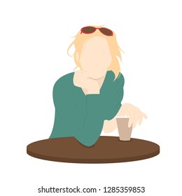 Single woman drinking coffee at the coffee table. Flat design. Vector Illustration. Eps10