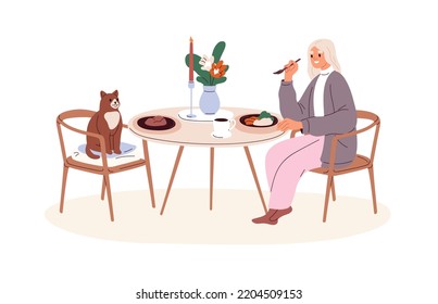 Single woman having dinner, sitting at dining table with cat. Girl eating food, meal alone together with kitty. Happy solo life concept. Flat vector illustration isolated on white background