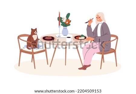 Single woman having dinner, sitting at dining table with cat. Girl eating food, meal alone together with kitty. Happy solo life concept. Flat vector illustration isolated on white background