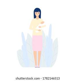 Single woman holding her child on hand. Mother with little child vector isolated on white. Young girl alone with a baby illustration in flat style. 