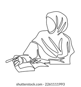 Single woman illustration with writing activity in continuous line art drawing style. design with Minimalist black linear design isolated on white background. Vector illustration