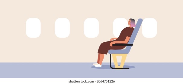 Single woman on the plane. Flat vector stock illustration. A young woman as a passenger. Airplane with an elluminator. Flight concept, travel. Passenger with an airplane. Vector graphics