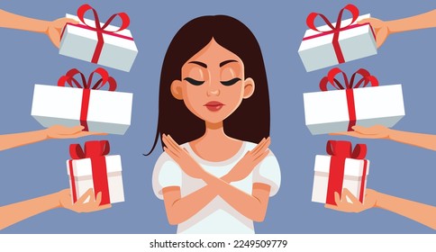
Single Woman Refusing Advances and Gifts Vector Cartoon Illustration. Upset girl rejecting the presents from her many admirers 
