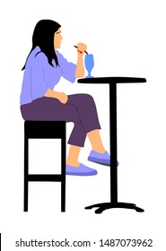 Single woman sitting and drinking vector illustration. Lady drinking cocktail after work. Night club guests urban life. Snack bar on street. Blind date waiting girl Relaxation after work in restaurant