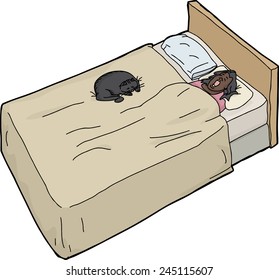 Single woman sleeping on bed with black cat