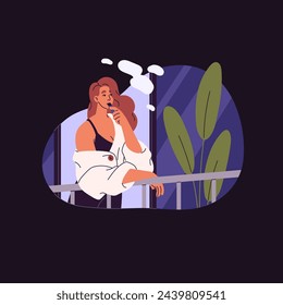 Single woman smoker stands on balcony, leaned the railings. Girl vaping, smokes electronic cigarette. Character vaper inhaling fume with e cigs. Unhealthy addiction. Flat isolated vector illustration