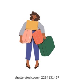 Single woman tourist character holding heavy suitcases, too much baggage for travel concept