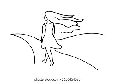 Single woman walking on a path with flowing hair in a minimalist line art girl