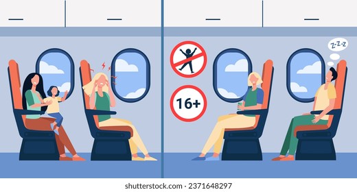 Single woman wants peaceful flight vector illustration. Child-free zone in airplanes, airline service. International carriers service, comfort during flights, tourism concept