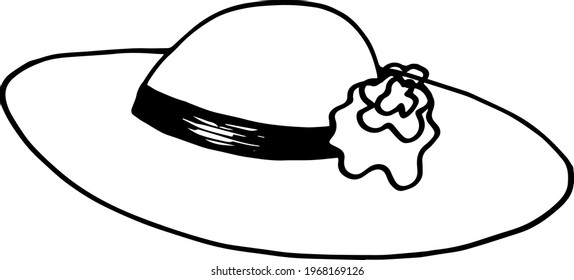 Single women's wide brim hat element in doodle summer set. Hand drawn vector illustration for greeting cards, posters, stickers and seasonal design.