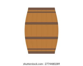 Single wooden barrel full height view. Oak storage cask for wine. Side view object. Simplicity vector illustration. White background.