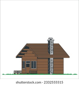 Single wooden cottage with door and windows. Forest hut, wooden house or cottage decorated with trees, grass and bush in cartoon style isolated on white background. 1989