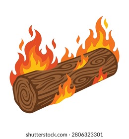 A single wooden log engulfed in bright orange and yellow flames, isolated on a white background. Perfect for concepts of camping, firewood, heat, and energy sources.