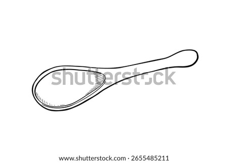 Single wooden spoon outline vector illustration isolated on white. Cooking spoon, kitchen utensil of wood, cutlery black white drawing. Spoon for cookbook, recipe, food label, packaging.