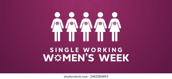 Single Working Womens Week. People icon, heart and gear icon. Great for cards, banners, posters, social media and more. Purple background.
