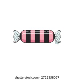 A single wrapped candy with pink and black stripes, isolated on a white background.
