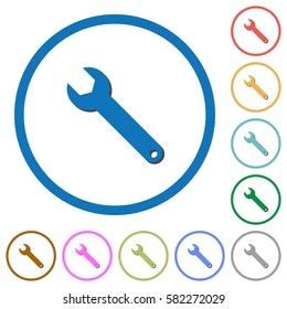 Single wrench flat color vector icons with shadows in round outlines on white background
