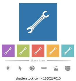Single wrench flat white icons in square backgrounds. 6 bonus icons included.