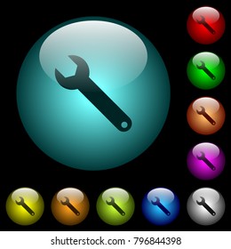 Single wrench icons in color illuminated spherical glass buttons on black background. Can be used to black or dark templates