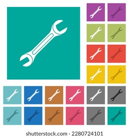 Single wrench multi colored flat icons on plain square backgrounds. Included white and darker icon variations for hover or active effects.