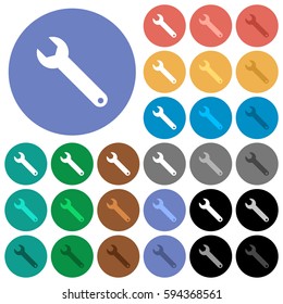 Single wrench multi colored flat icons on round backgrounds. Included white, light and dark icon variations for hover and active status effects, and bonus shades on black backgounds.