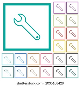 Single wrench outline flat color icons with quadrant frames on white background