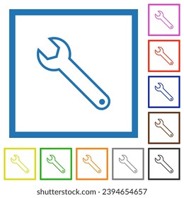 Single wrench outline flat color icons in square frames on white background