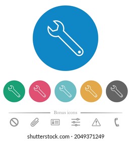 Una única llave enlaza los iconos blancos planos en los fondos de color redondo. 6 iconos de bonificación incluidos.
