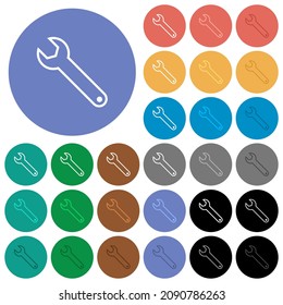 Single wrench outline multi colored flat icons on round backgrounds. Included white, light and dark icon variations for hover and active status effects, and bonus shades.