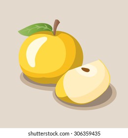 Single yellow apple isolated on beige background. Slice of apple with seeds. 