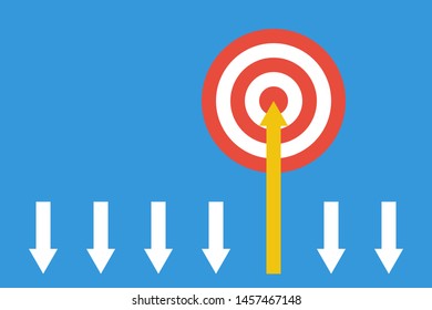 single yellow arrow moves up to target, many small white arrows moves down, motivation or be different vector concept