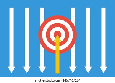 single yellow arrow moves up to target, many white arrows moves down, motivation or be different vector concept