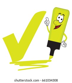 Single yellow cartoon highlighter pen with bold tick or check mark