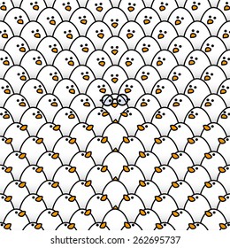 Single Yellow Chick in Black Round Framed Glasses Surrounded by Repeating White Chicks all staring in its direction