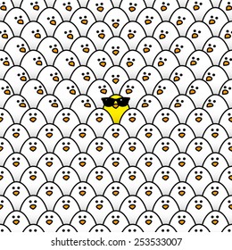 Single Yellow Chick in cool Sunglasses Surrounded by Repeating White Chicks with some staring in its direction