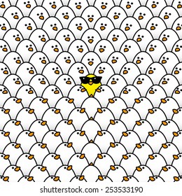 Single Yellow Chick in cool Sunglasses Surrounded by Repeating White Chicks all staring in its direction