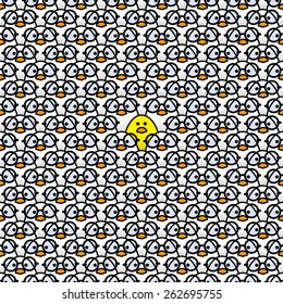 Single Yellow Chick surrounded by Many Identical White Chicks wearing Black Round Framed Glasses
