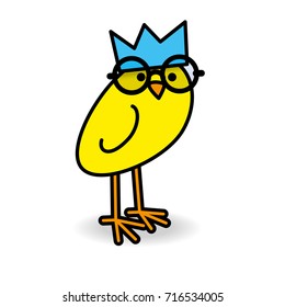 Single Yellow Chick Wearing Blue Party Hat Round Black Rimmed Spectacles Turning Head towards camera on White Background